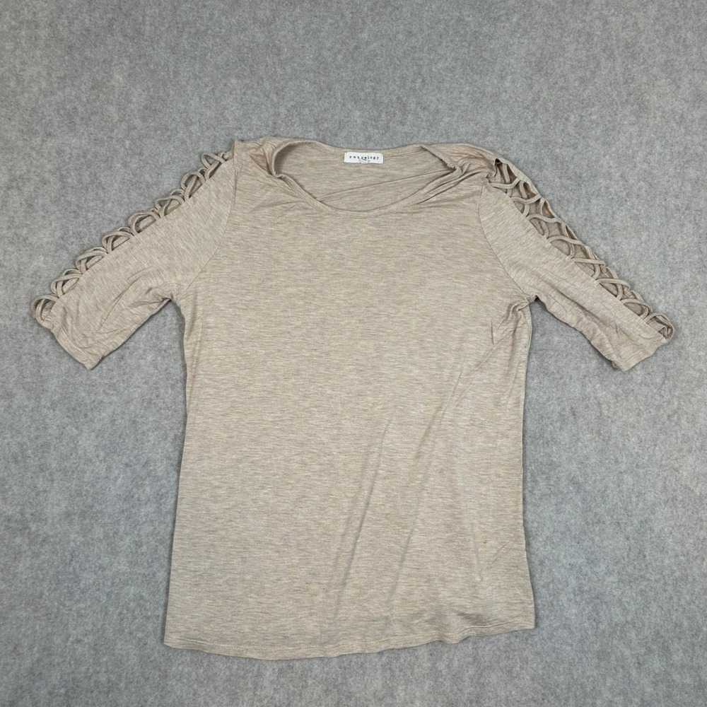 Retrology Top Womens Size M Beige Lattice Cage Sleeve‎ Scoop Neck Rayon Blend